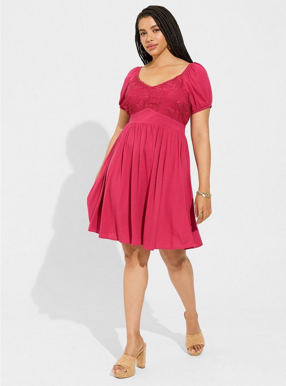 Mini Rayon Slub Balloon Sleeve Lace Inset Dress, CHERRIES JUBILEE, alternate