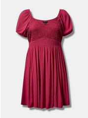 Mini Rayon Slub Balloon Sleeve Lace Inset Dress, CHERRIES JUBILEE, hi-res
