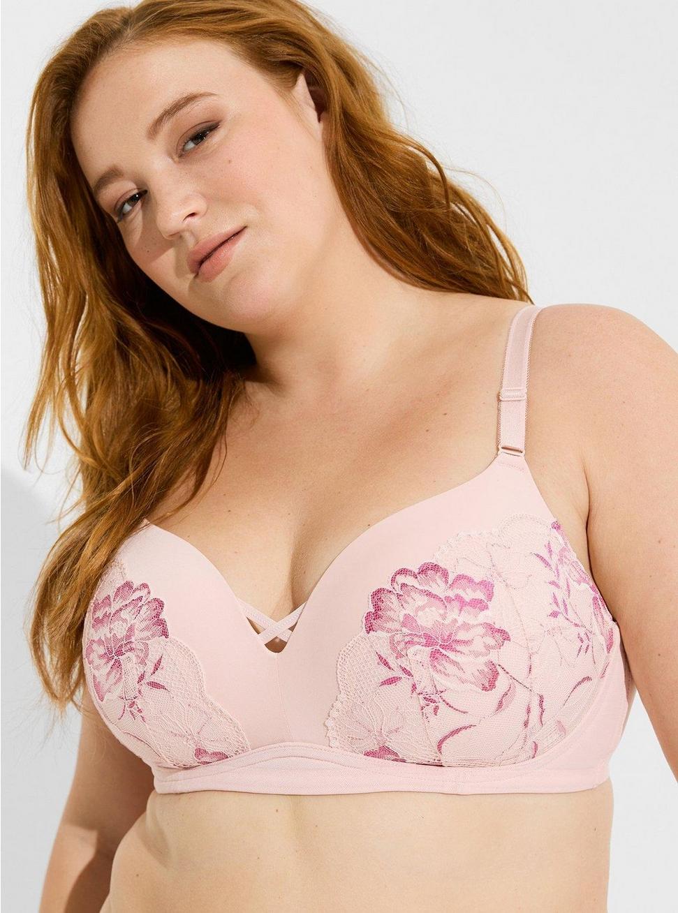Plus Size Wirefree Push Up Cross Dye Lace Straight Back Bra, LOTUS, hi-res