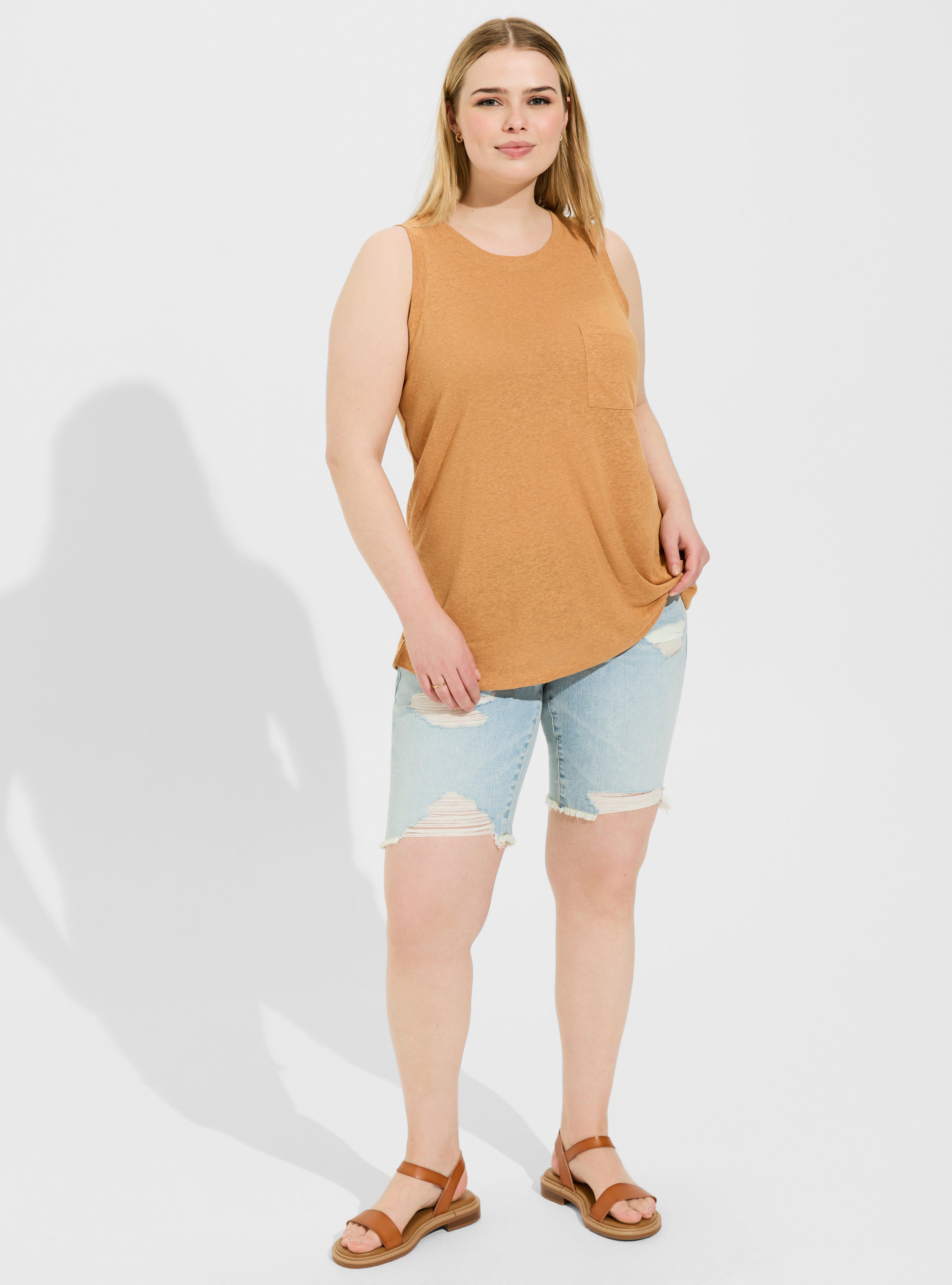 Lightweight Linen Blend Crew Neck Pocket Tank