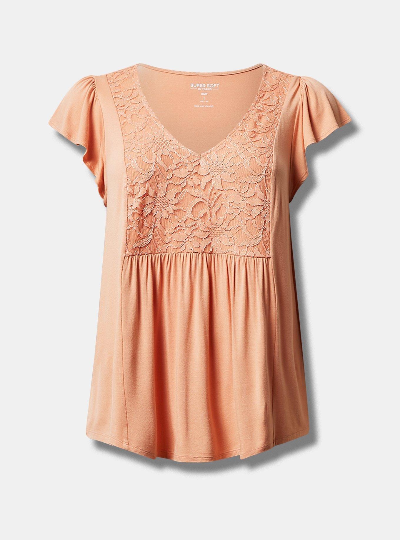 Super Soft V-Neck Ruffle Tee, PEACH BLOOM, hi-res