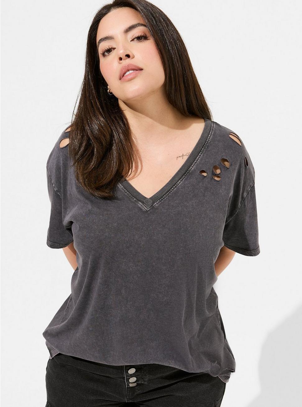 Plus Size - Vintage Cotton Jersey V-Neck Relaxed Distressed Tee