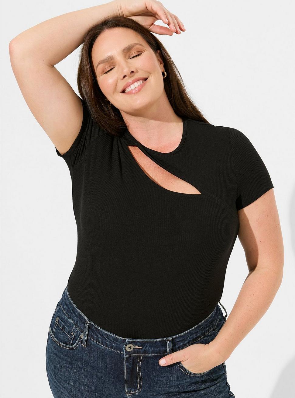 Plus Size Fitted Super Soft Rib Crew Neck Asymmetrical Cut Out Tee, DEEP BLACK, hi-res