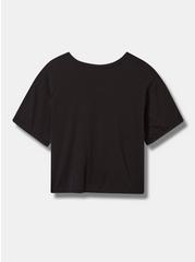 Plus Size Blah Relaxed Fit Cotton Jersey Cotton Crew Neck Destructed Roll Sleeve Crop Embroidery Tee, DEEP BLACK, alternate