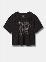 Blah Relaxed Fit Cotton Jersey Cotton Crew Neck Destructed Roll Sleeve Crop Embroidery Tee, DEEP BLACK, hi-res