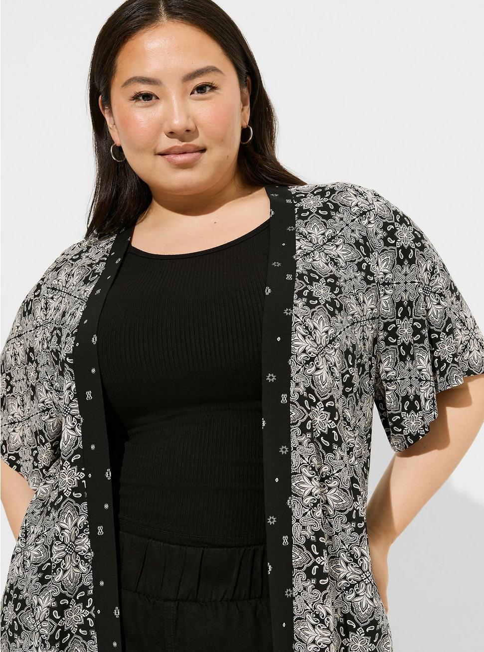 Plus Size Challis Dolman Shirttail Kimono, GEO BLACK, alternate