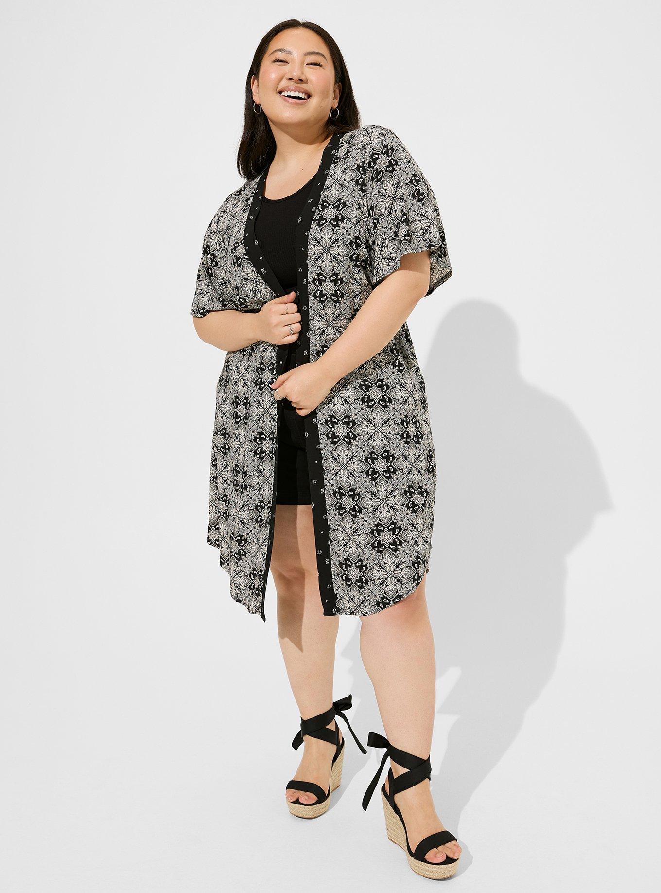 Challis Dolman Shirttail Kimono, GEO BLACK, hi-res