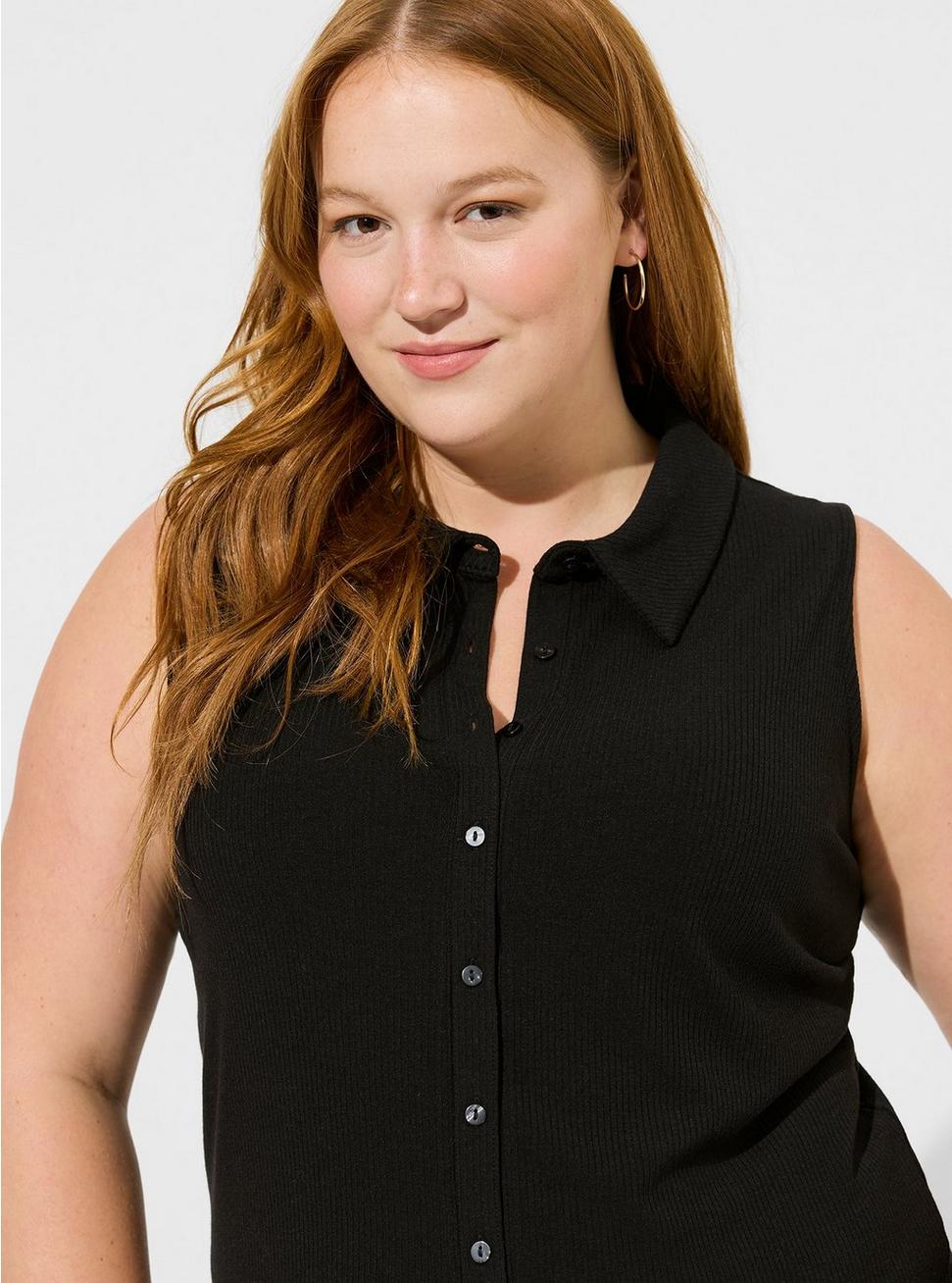 Plus Size - Fitted Super Soft Rib V-Neck Collared Button-Up Crop Tank ...