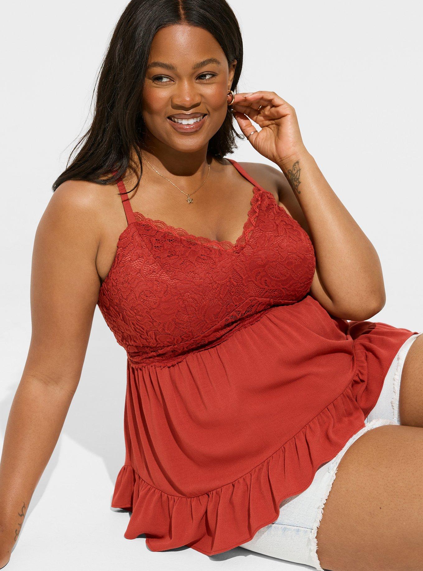 Plus Size - Babydoll Crinkle Washable Crinkle Gauze And Lace Tank