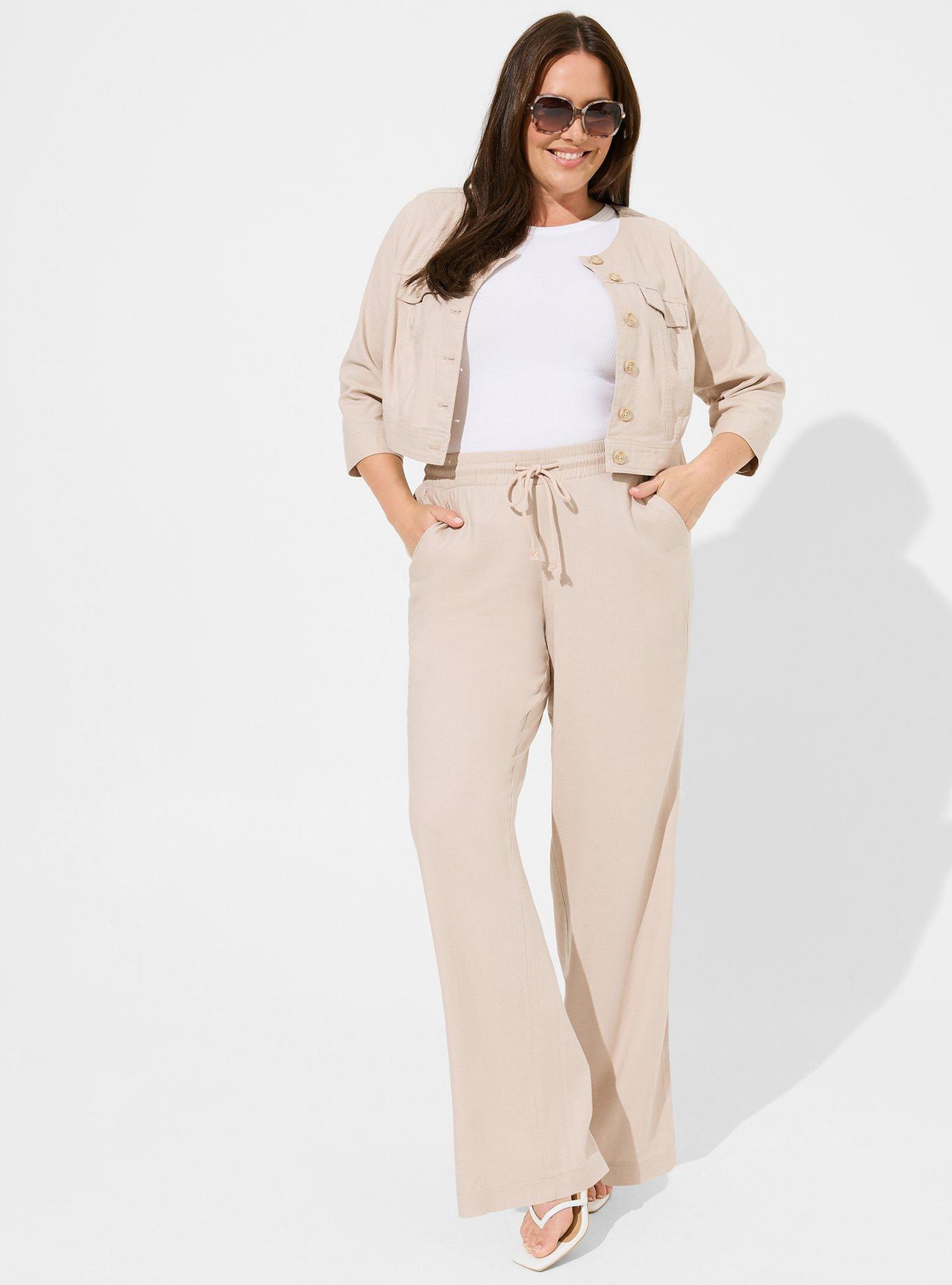 Women's High-rise Pull-on Linen Pants, Plus Size Wide Leg Pants