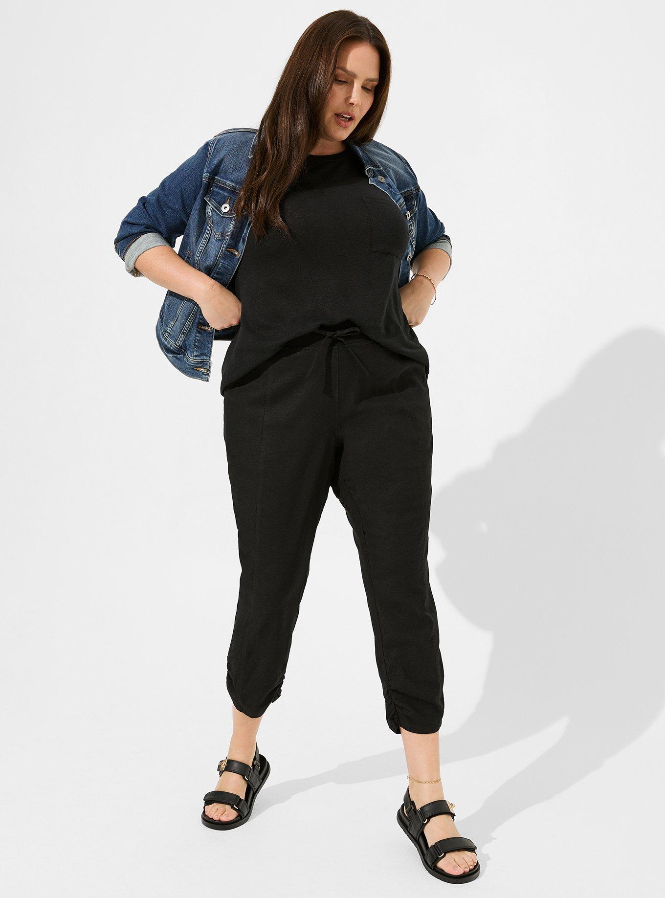 Plus Size - Crop Skinny Stretch Linen Mid-Rise Side Cinch Pant