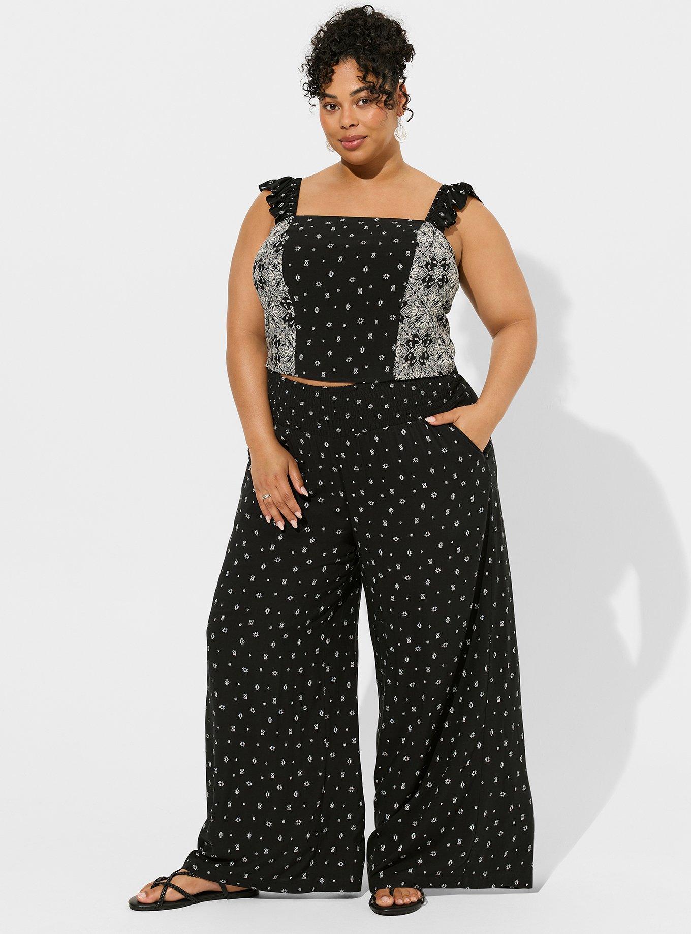 Plus Size - Pull-On Wide Leg Challis Smocked Waist High-Rise Pant