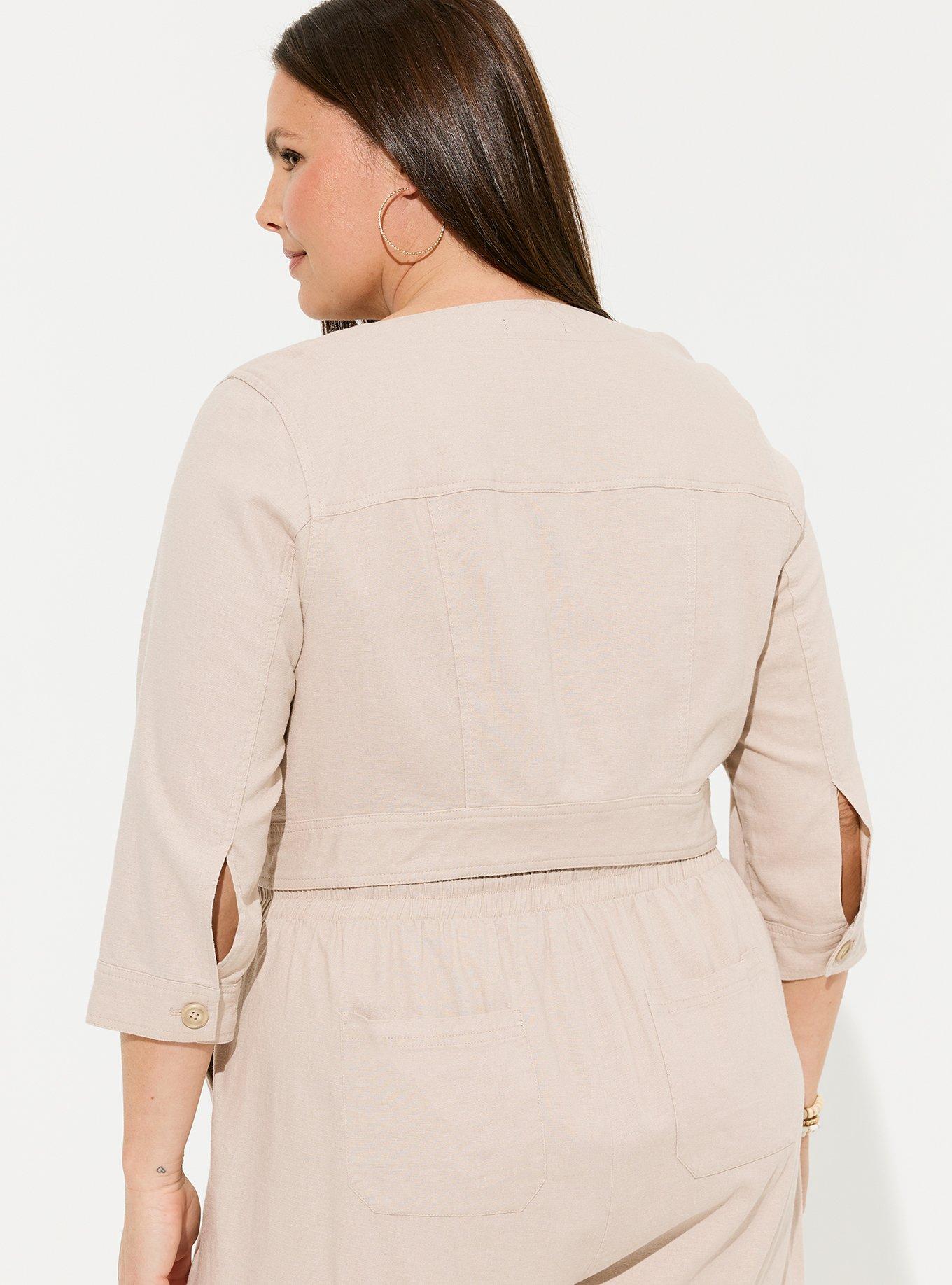 Linen Cropped Collarless Jacket, MUSHROOM, alternate