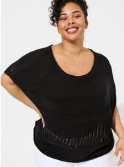 Pointelle Boat Neck Boxy Cropped Sweater, DEEP BLACK, hi-res