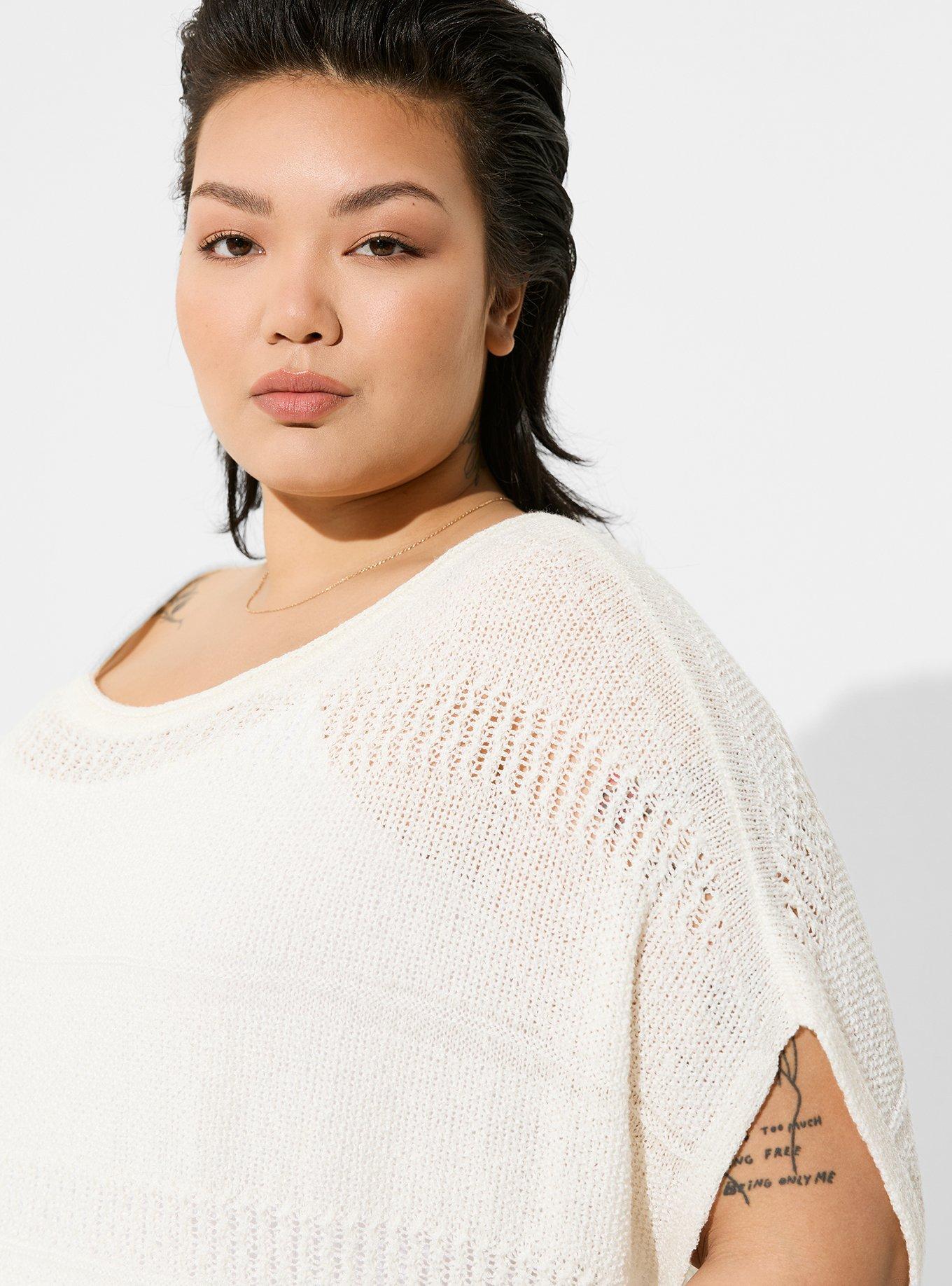 Pointelle Boat Neck Boxy Cropped Sweater, PRISTINE, alternate