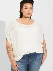 Pointelle Boat Neck Boxy Cropped Sweater, PRISTINE, hi-res