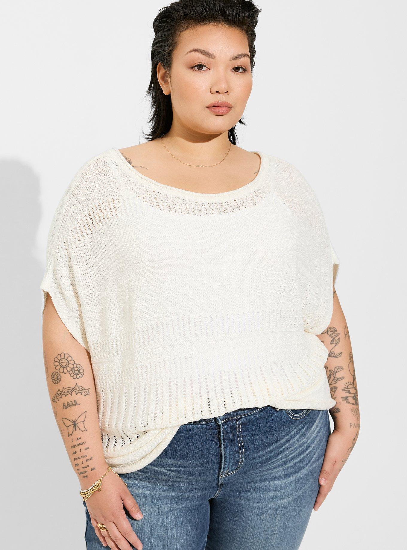 Pointelle Boat Neck Boxy Cropped Sweater, PRISTINE, hi-res