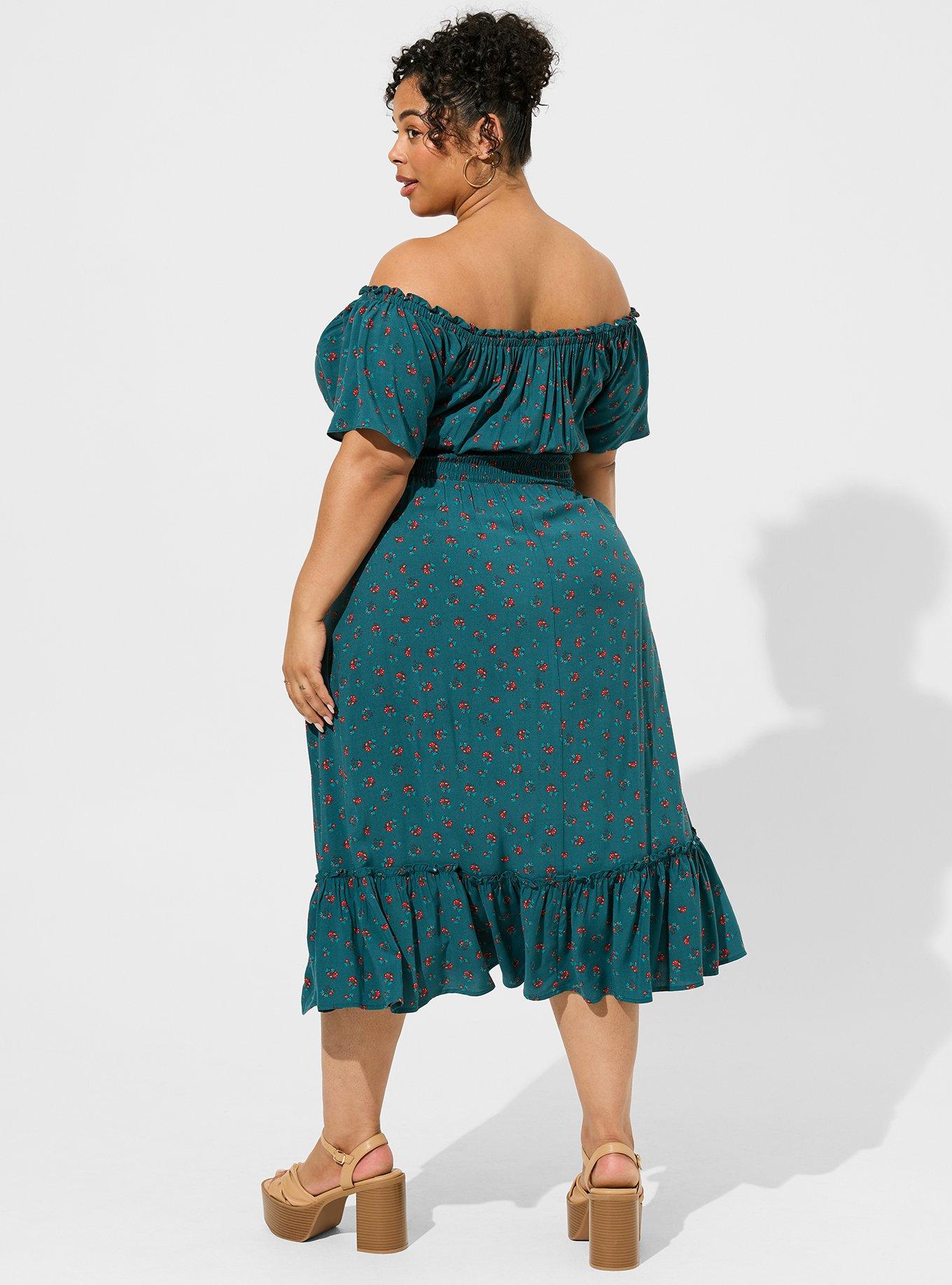 Plus Size Tea Length Challis Off Shoulder Dress Torrid