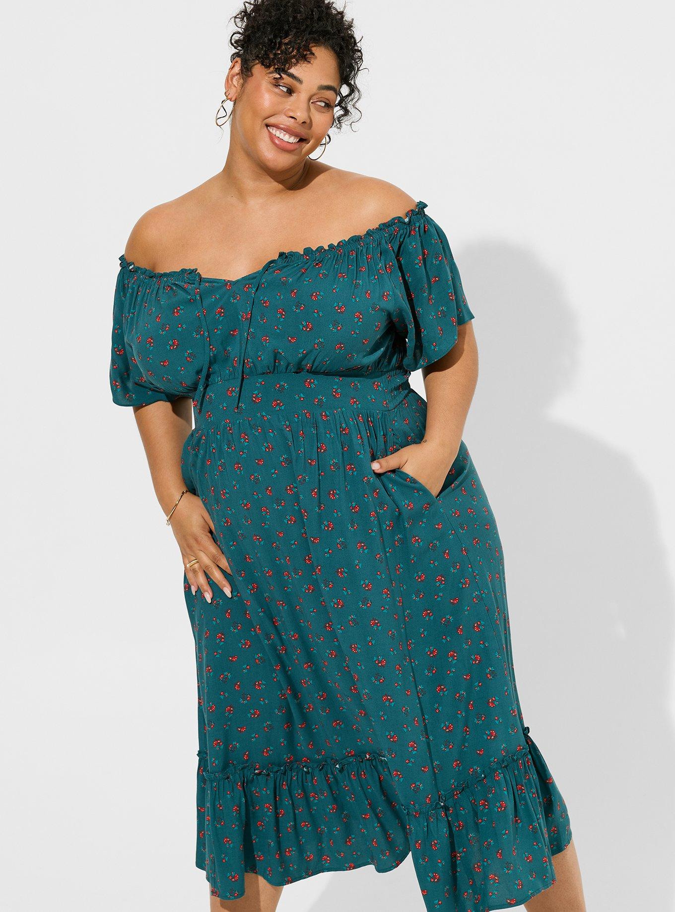 TORRID Tea Length Challis Off-Shoulder Dress