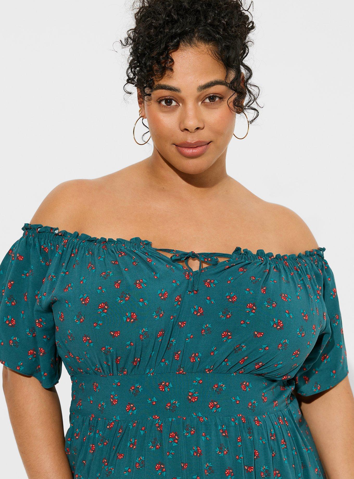 TORRID Tea Length Challis Off-Shoulder Dress