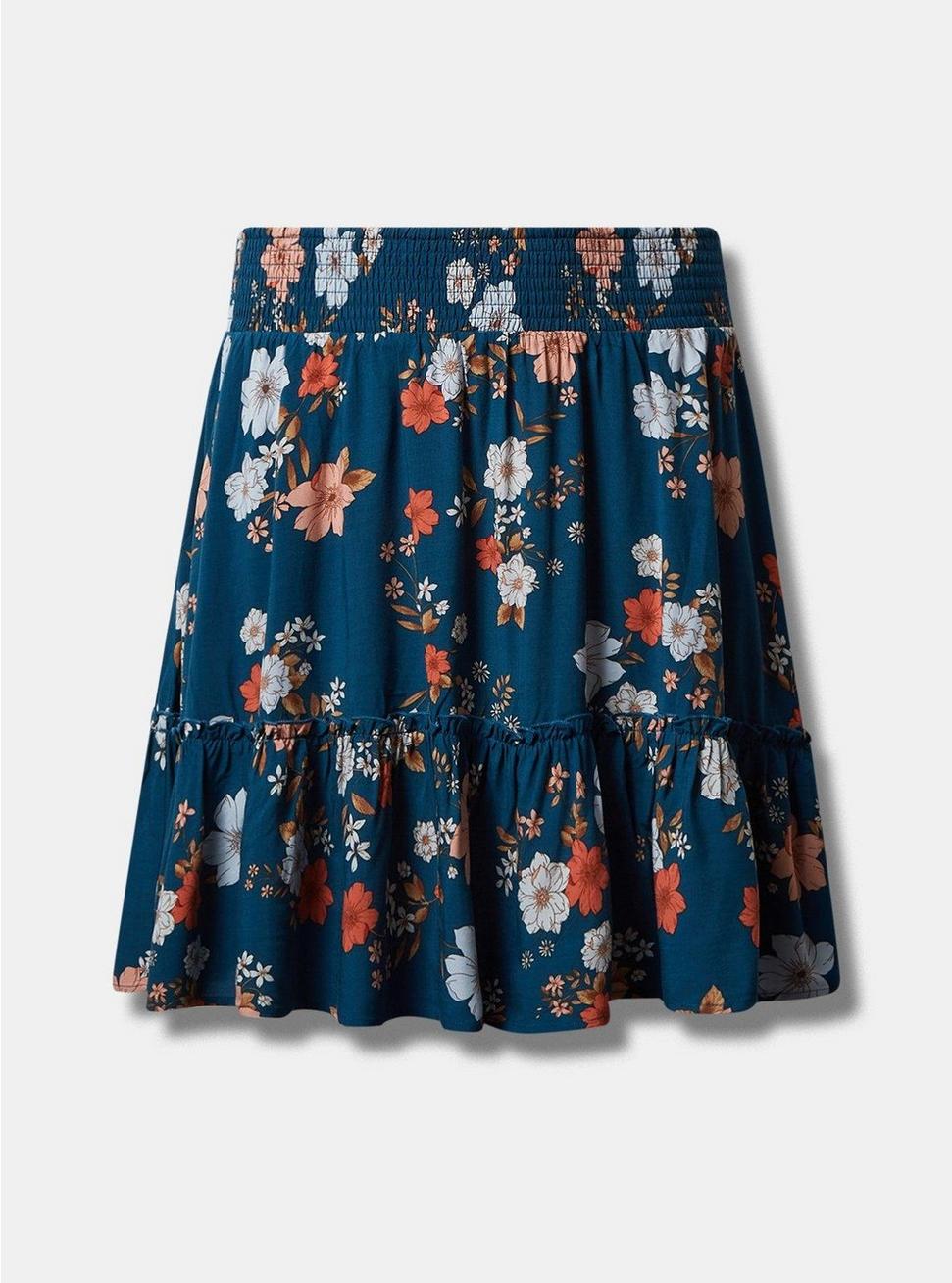 Plus Size Mini Challis Smocked Waist Ruffle Edge Skirt, NOLIE FLORAL, hi-res