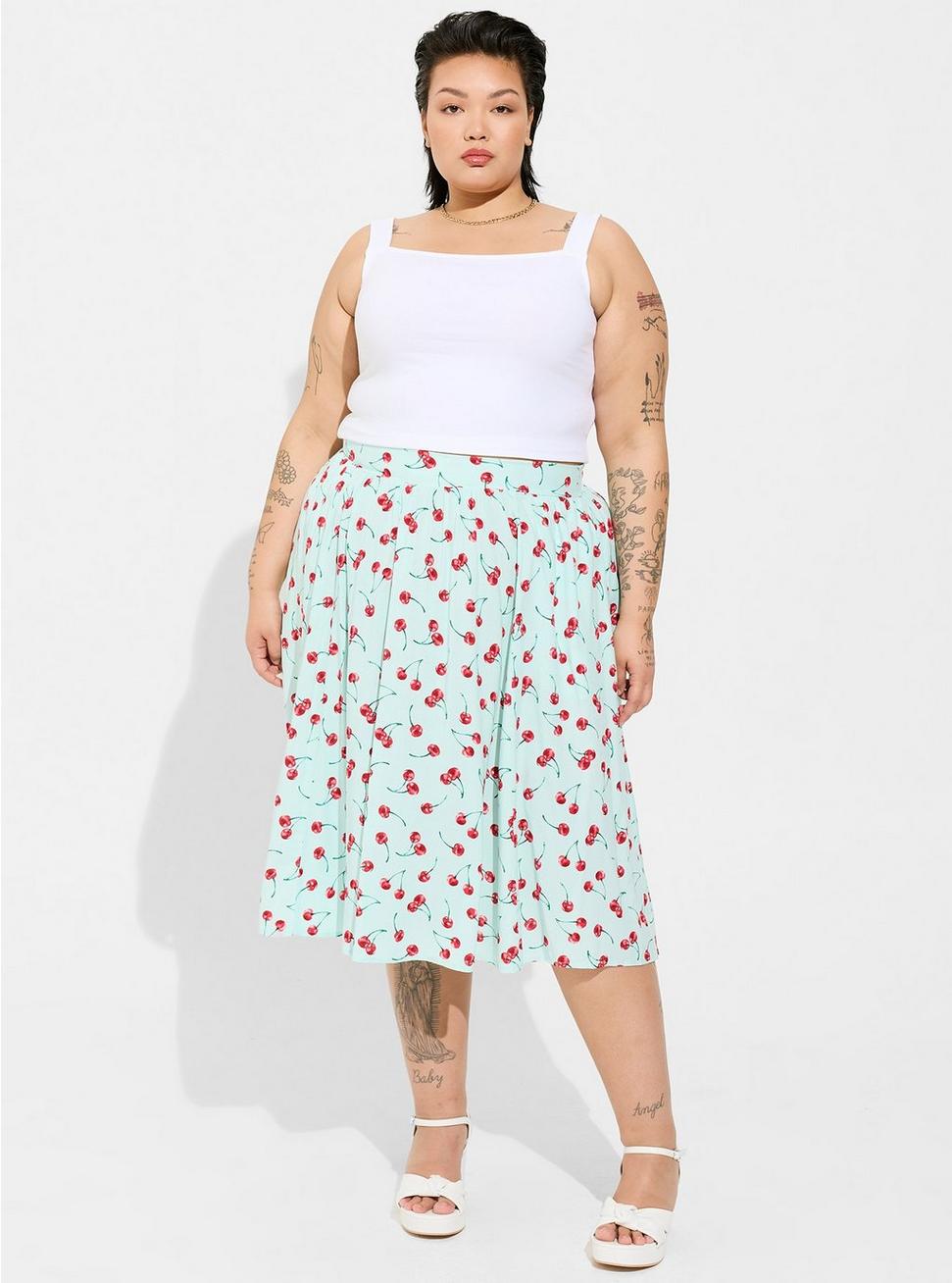 Plus Size Retro Chic Midi Challis Pull-On A-Line Skirt, CHERRY, hi-res