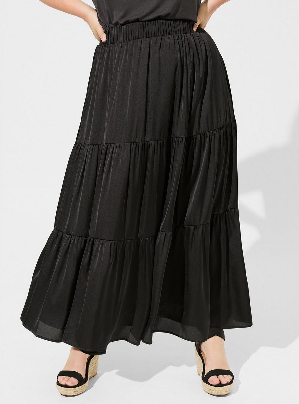 Plus Size Maxi Satin Tiered Skirt, DEEP BLACK, alternate