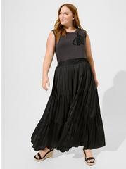 Plus Size Maxi Satin Tiered Skirt, DEEP BLACK, hi-res