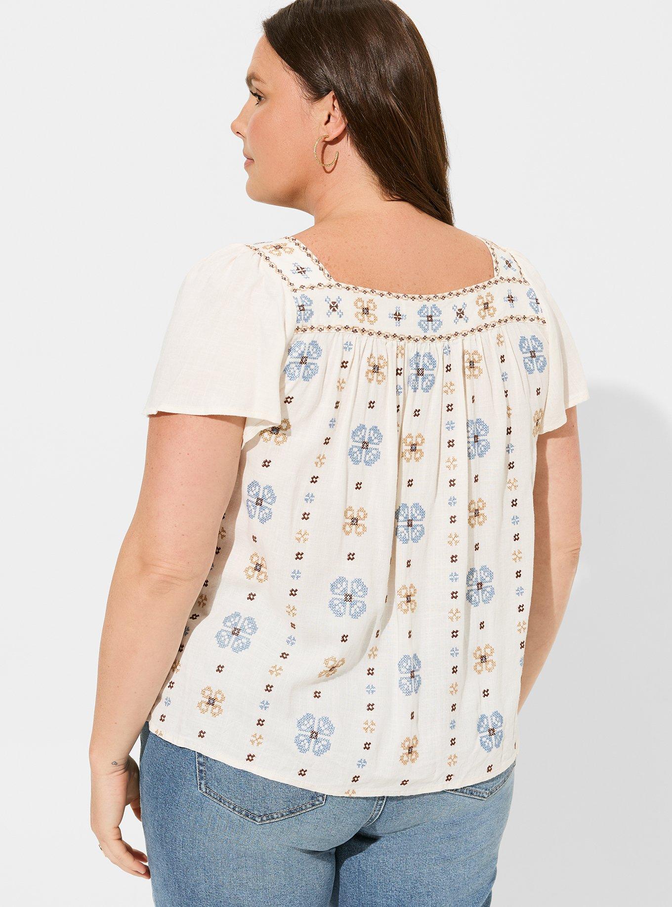 Plus Size - Embroidered Square Neck Flutter Short Sleeve Top - Torrid