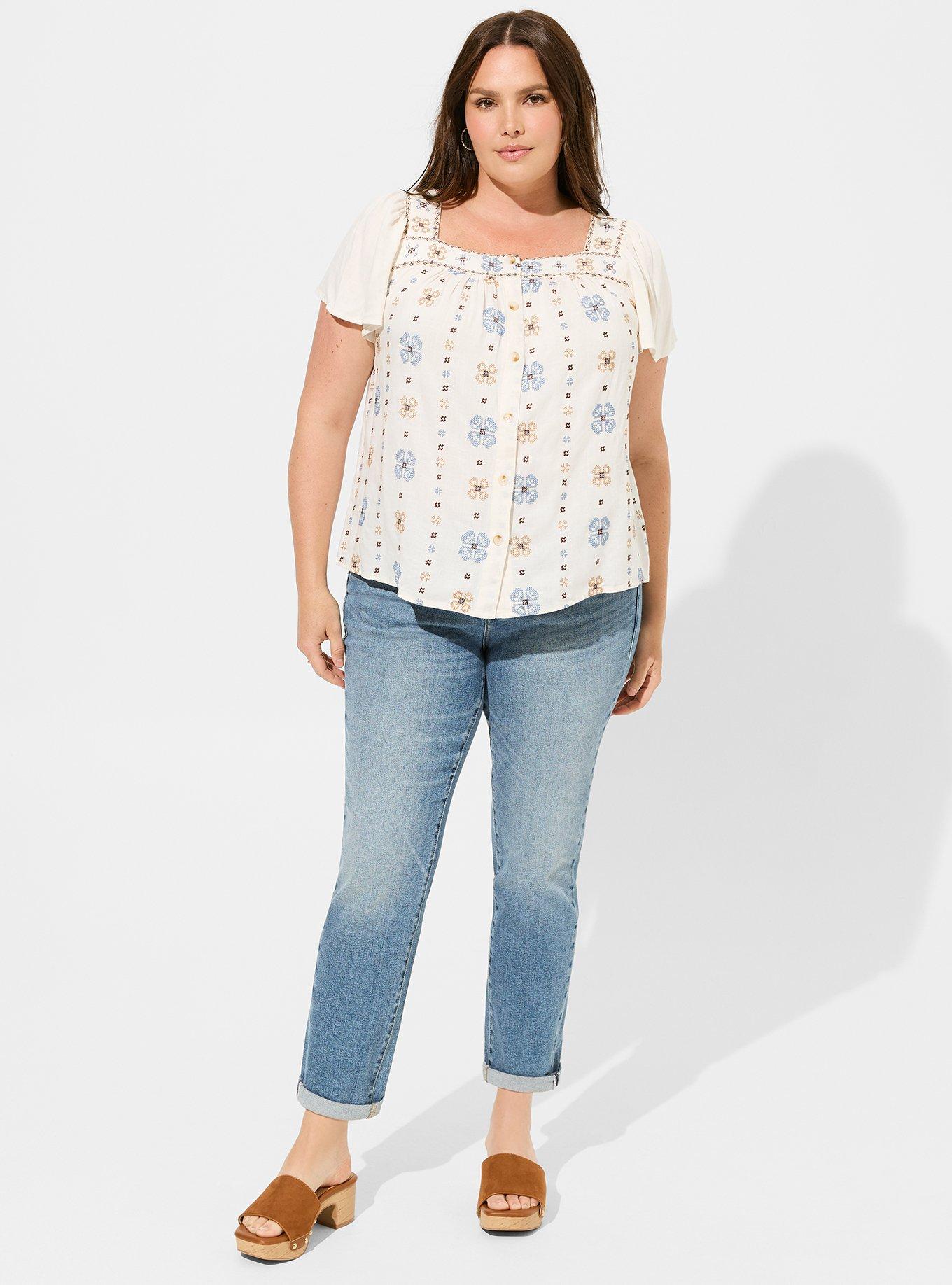 Plus Size - Embroidered Square Neck Flutter Short Sleeve Top - Torrid