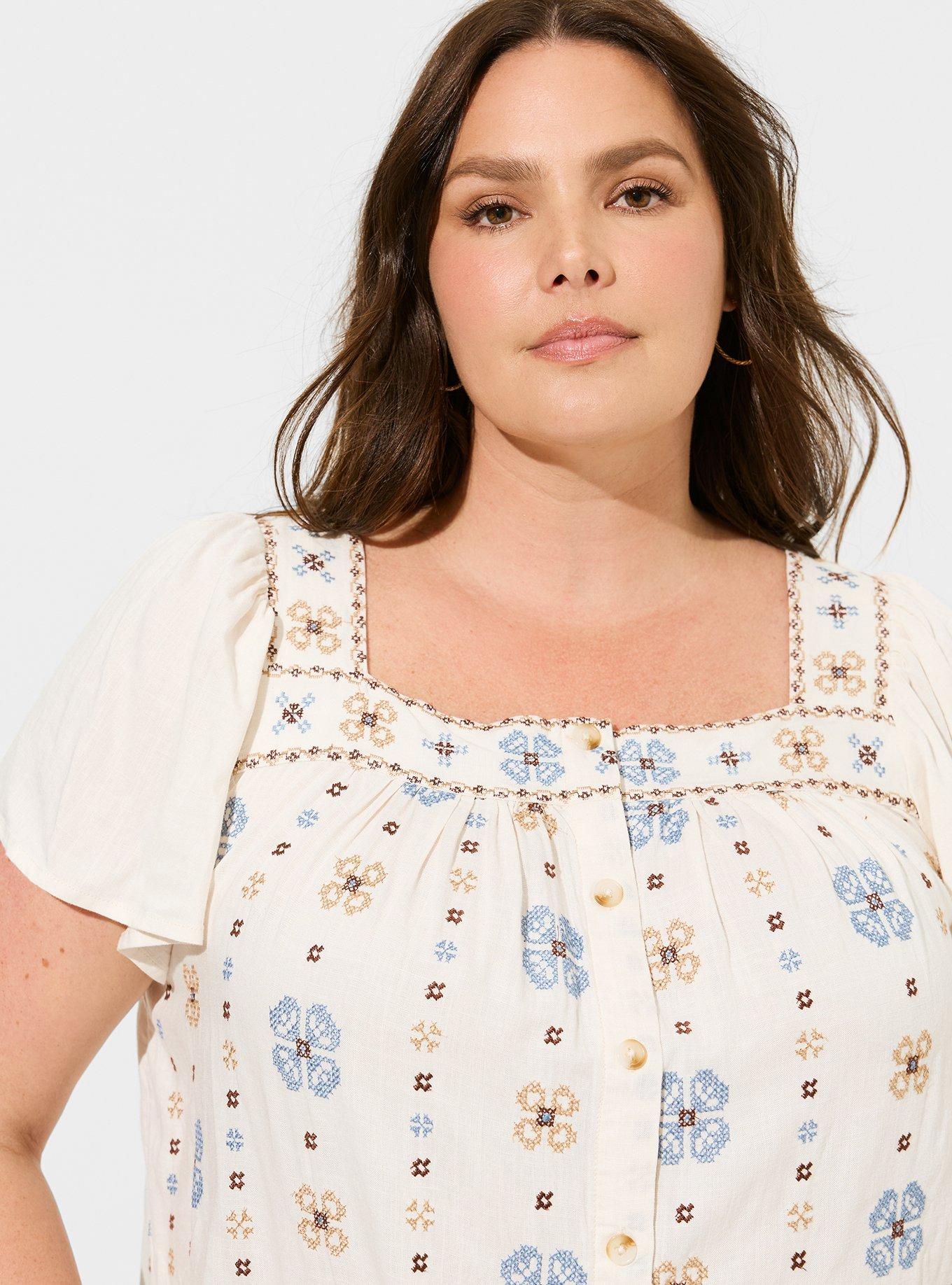 Plus Size - Embroidered Square Neck Flutter Short Sleeve Top - Torrid