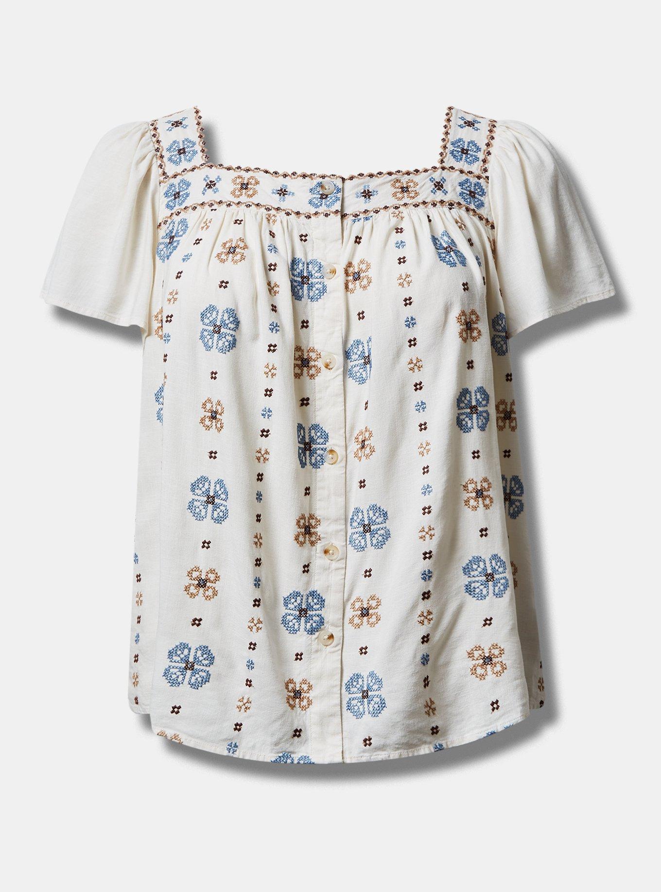 Plus Size - Embroidered Square Neck Flutter Short Sleeve Top - Torrid