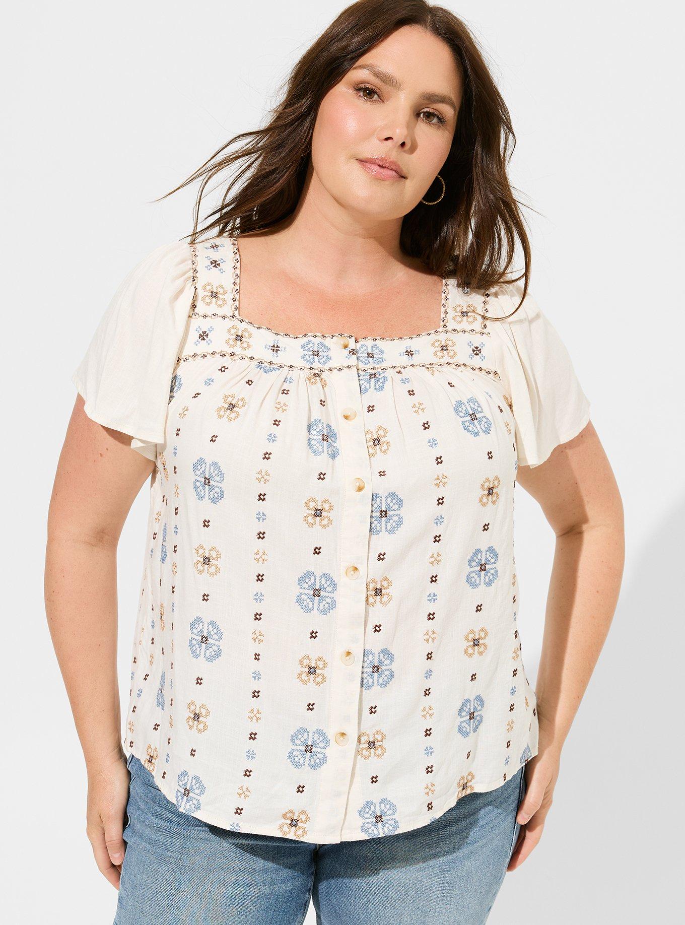 Embroidered Square Neck Flutter Short Sleeve Top