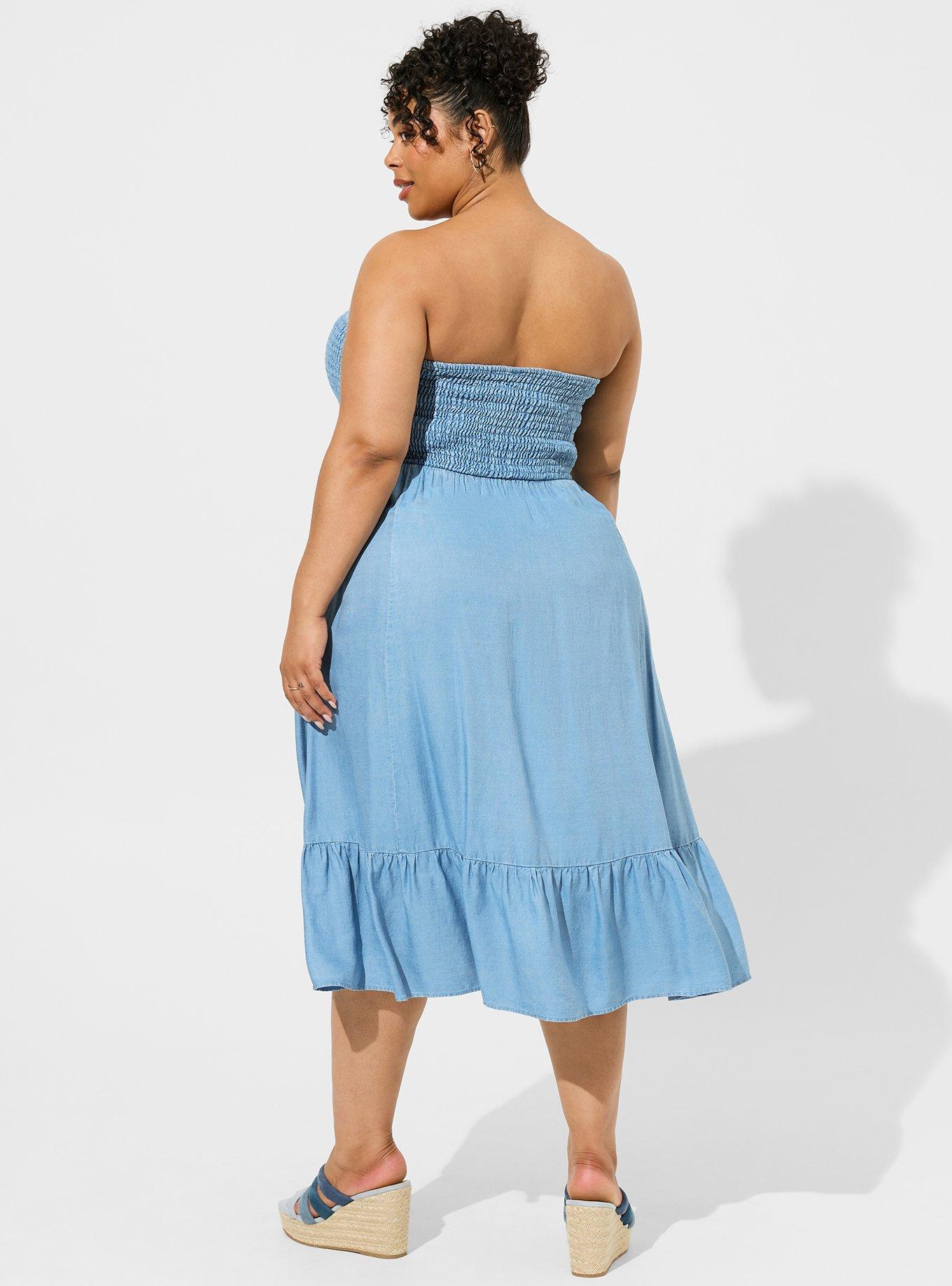 Buckle smocked sweetheart neck tube midi dress