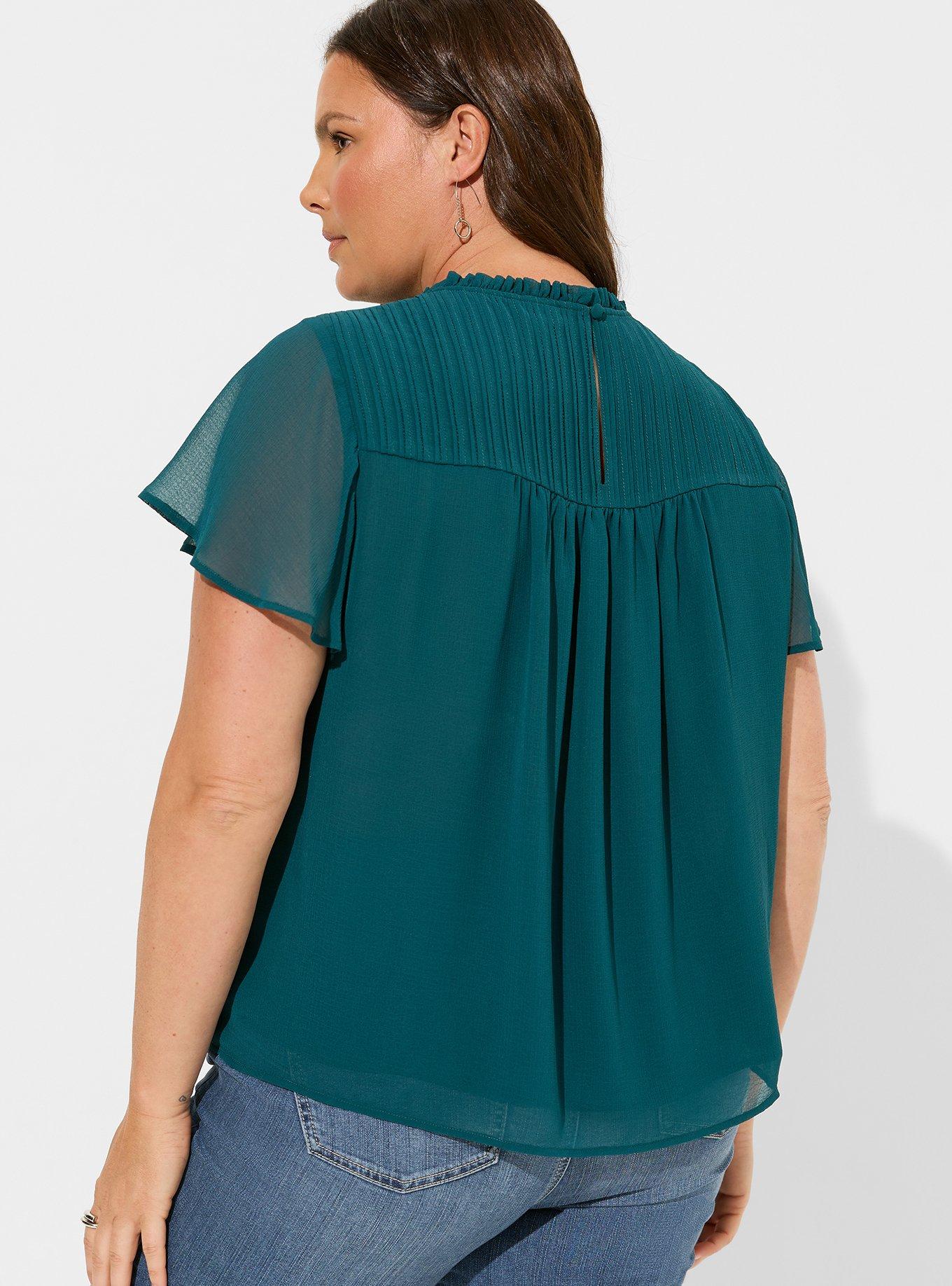 Chiffon Smocked Pintuck Flutter Short Sleeve Blouse, DEEP TEAL, alternate