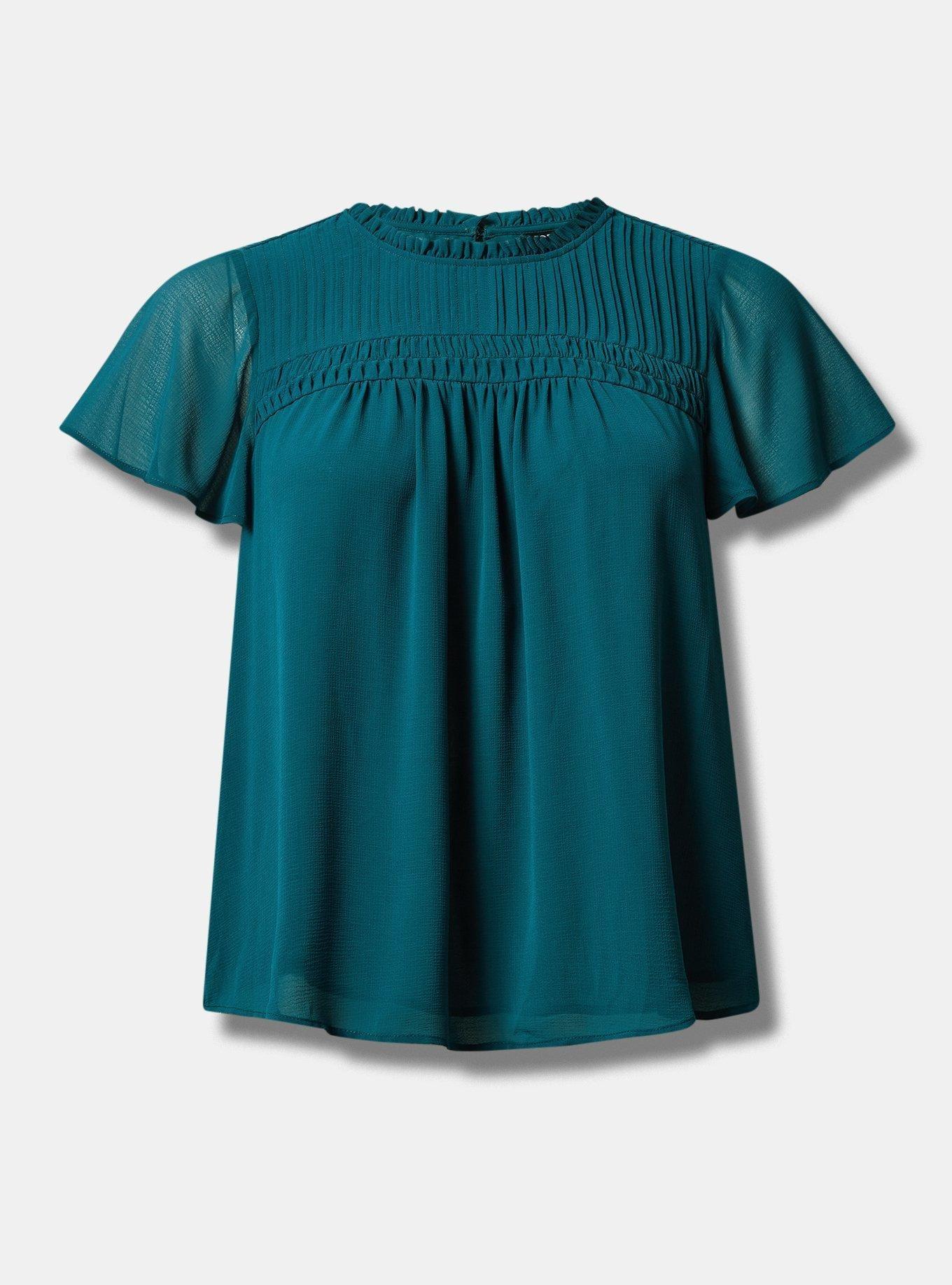 Chiffon Smocked Pintuck Flutter Short Sleeve Blouse