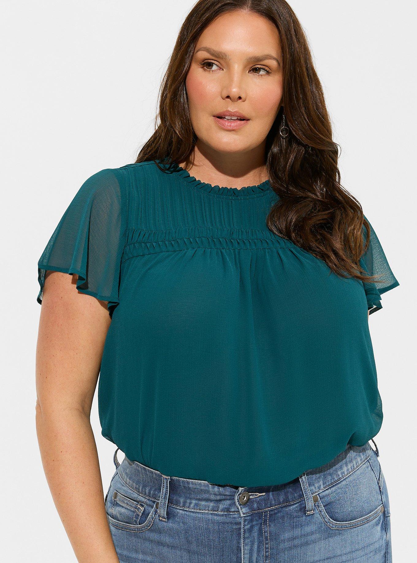 Plus Size - Chiffon Smocked Pintuck Flutter Short Sleeve Blouse