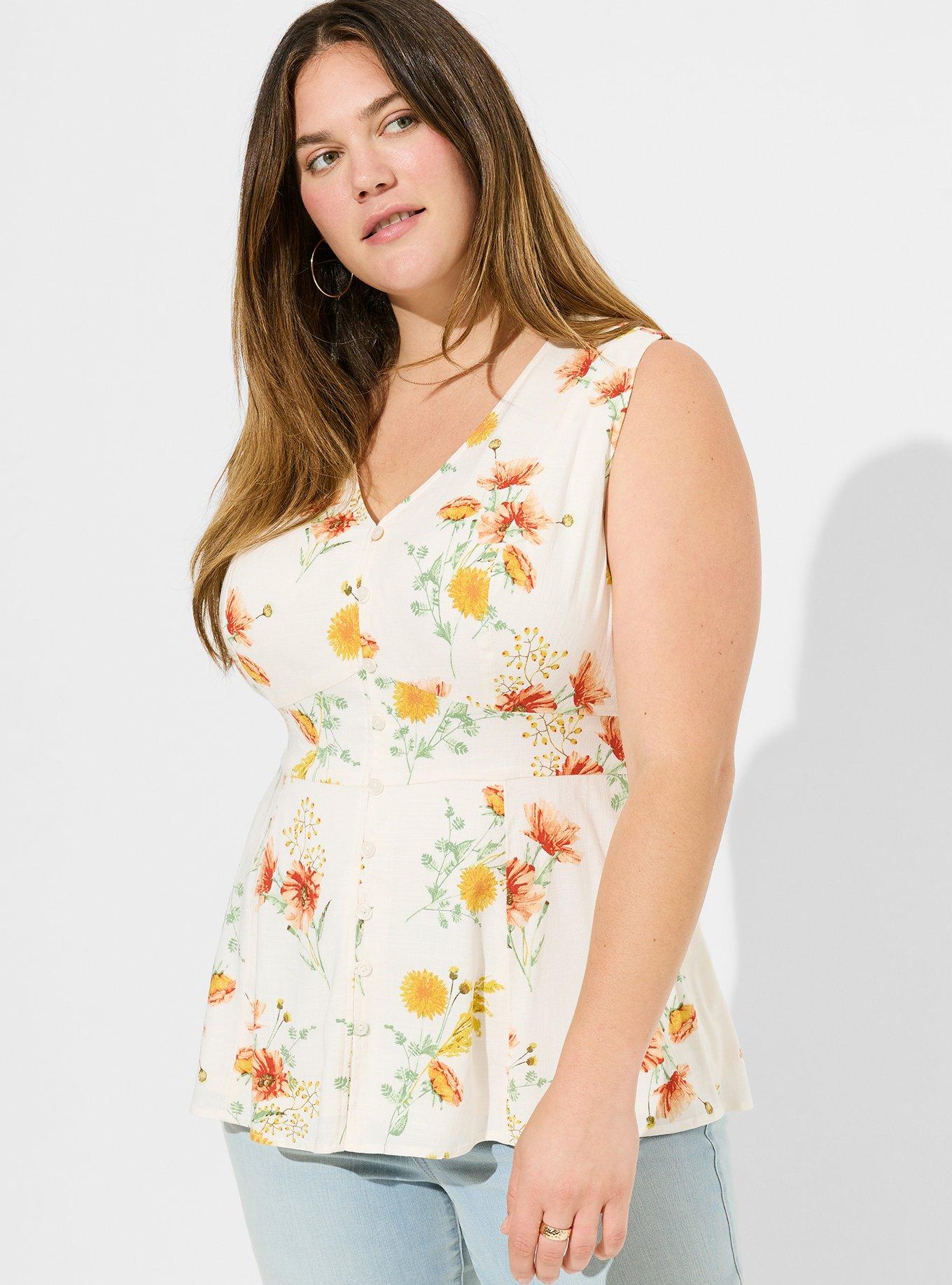 Rayon Slub Button Up With Waist Detail Tank, WARM SUNSET FLORAL, alternate