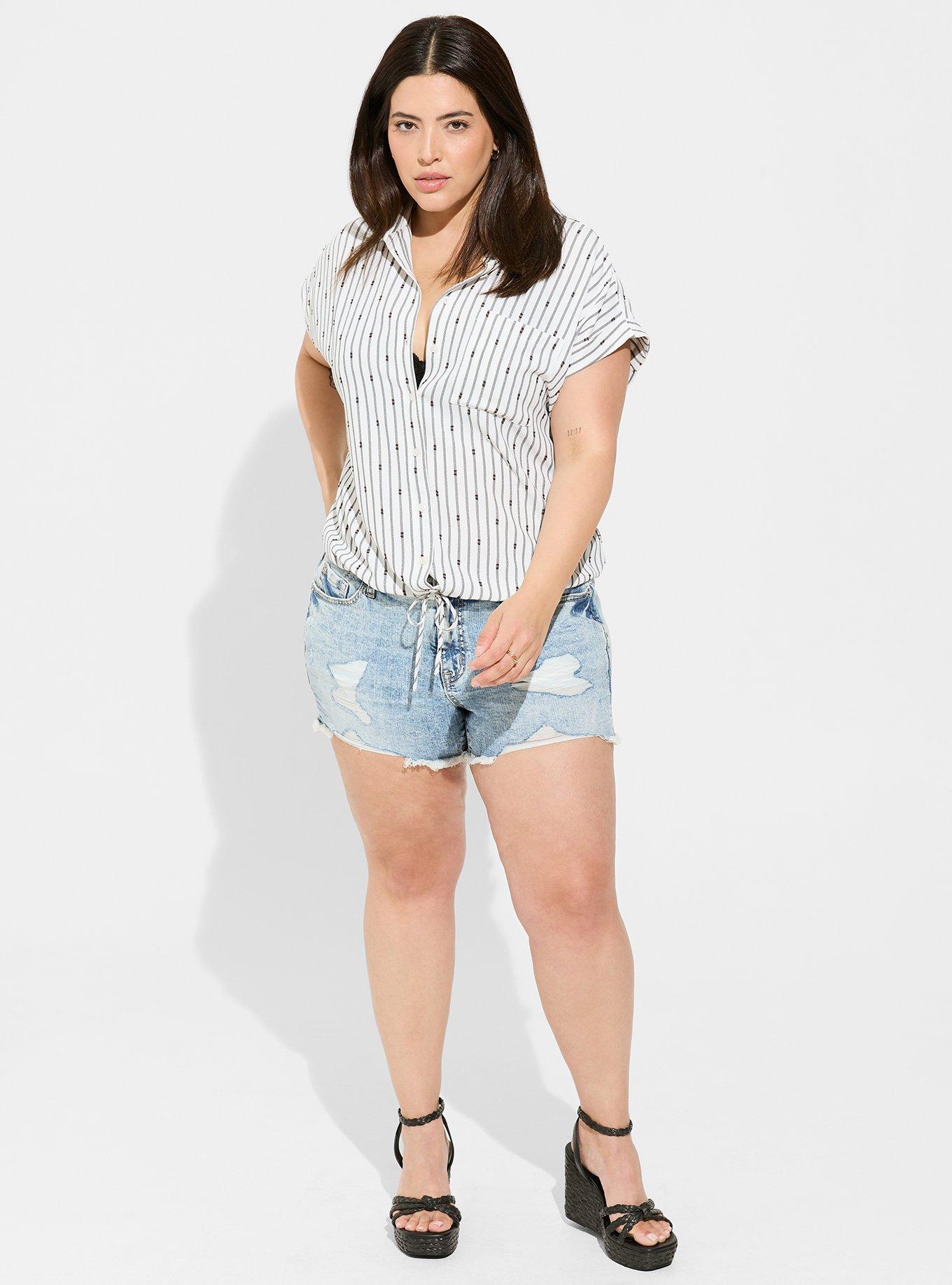 Plus Size - Seersucker Button Up Short Sleeve Crop Top - Torrid