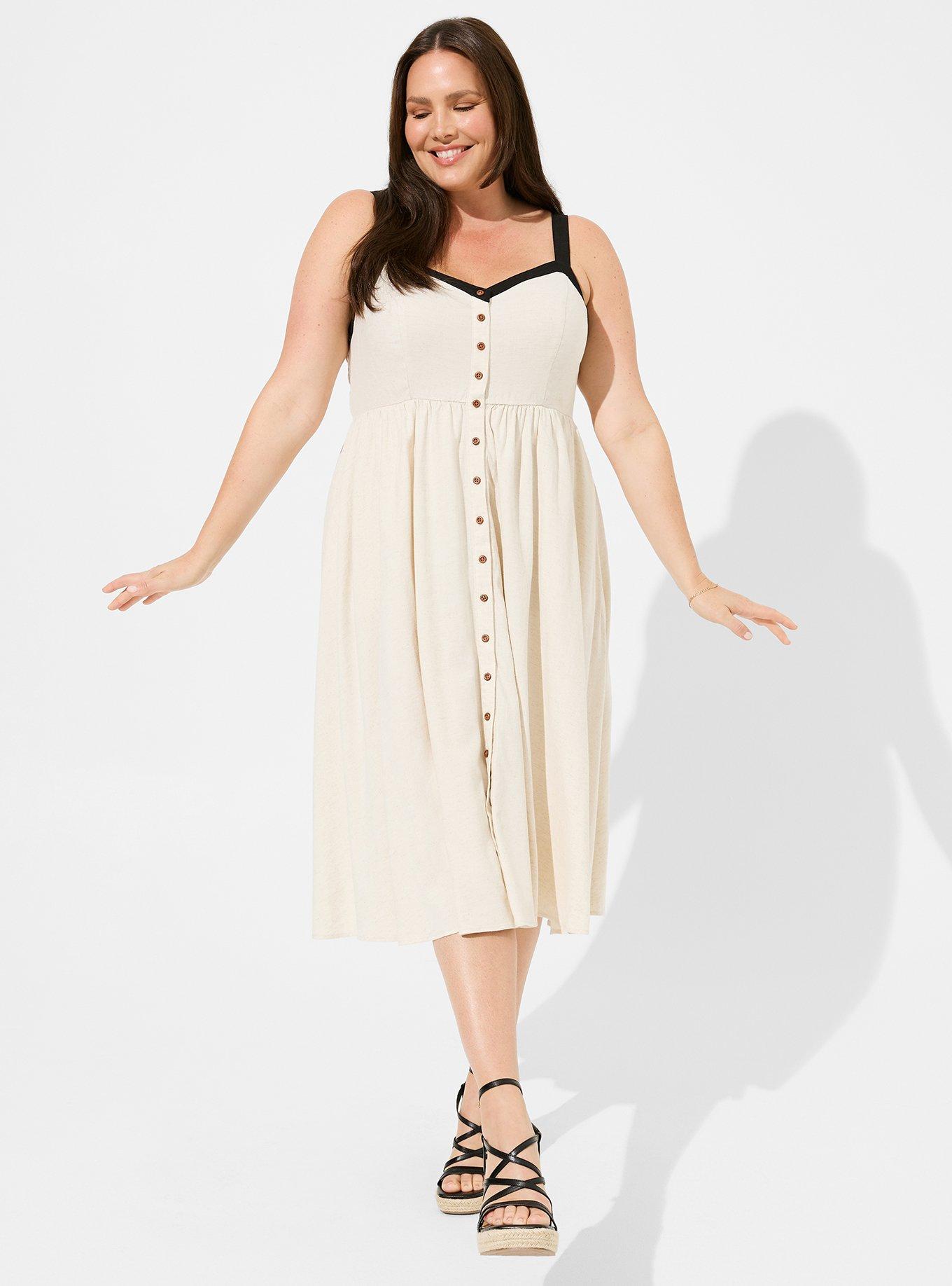 Plus Size - Midi Stretch Linen Button Front Sundress - Torrid