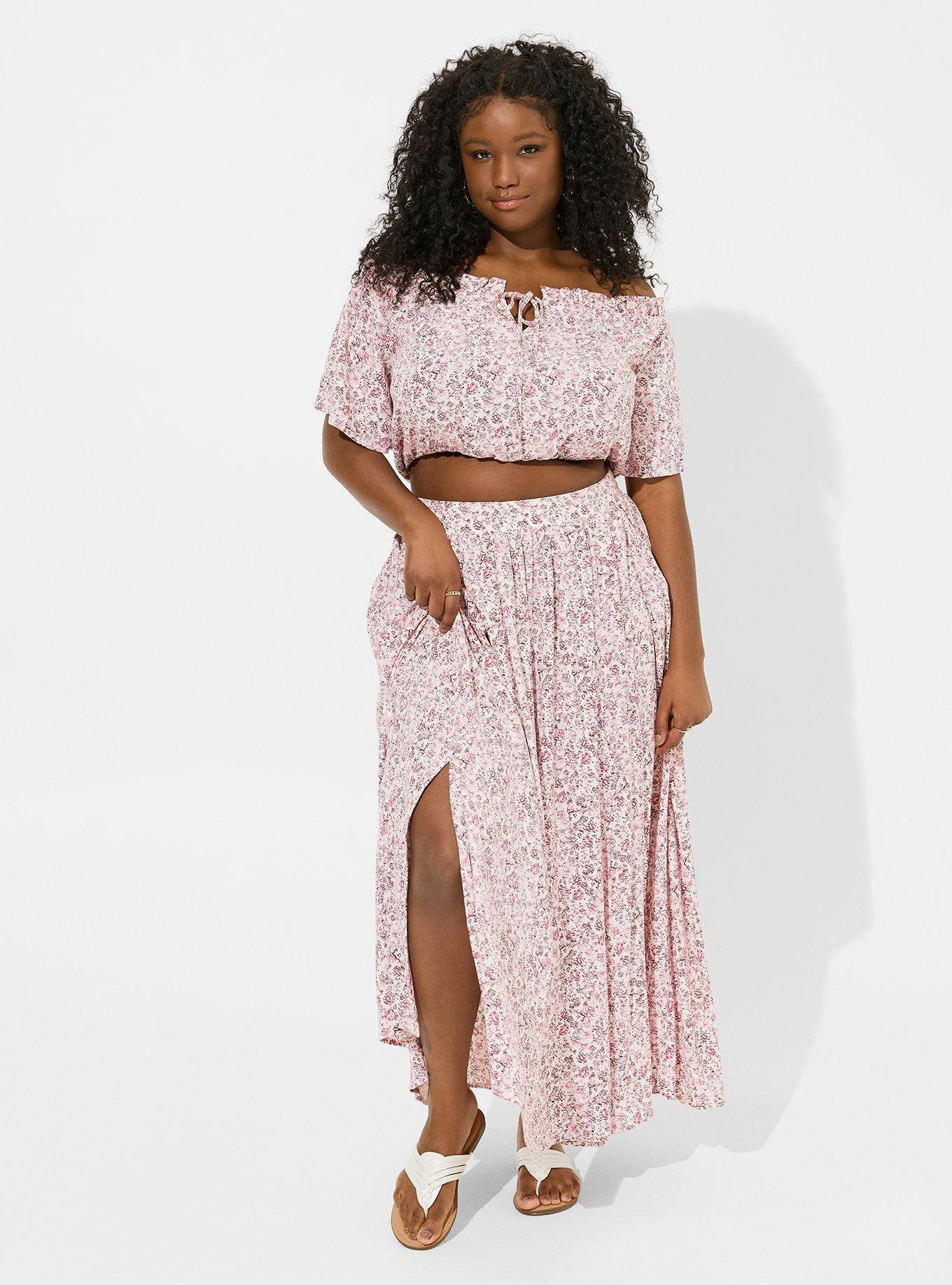 Plus Size Maxi Washable Gauze Off Shoulder Split Skirt Set Torrid