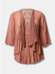 Plus Size Lace Knit Jacquard Open Front Crochet Jacket, RUST, hi-res