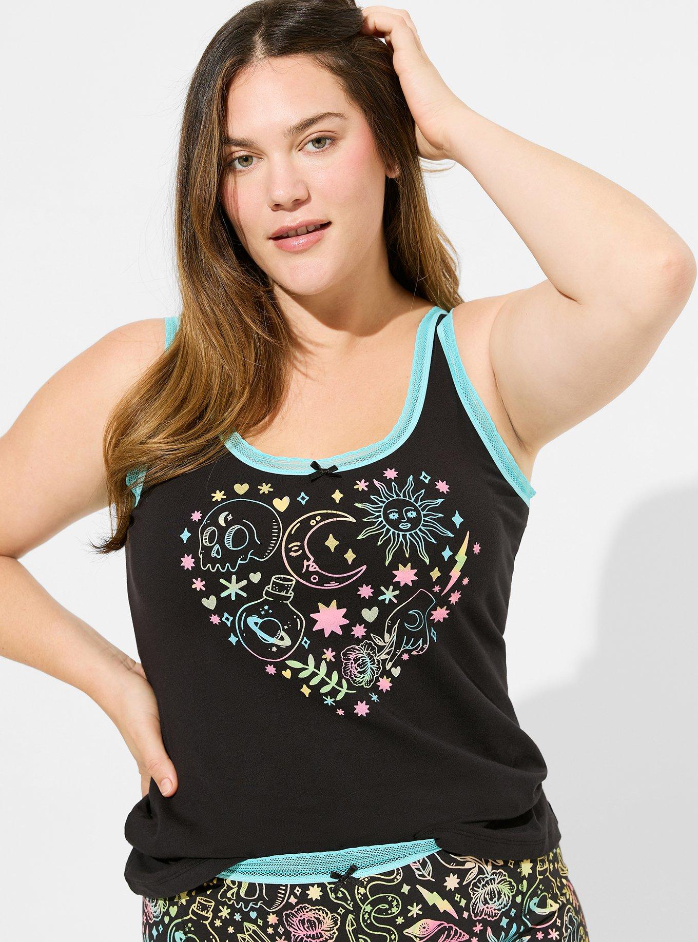 Plus Size Cotton Lace Trim Sleep Tank, MYSTICAL HEART DEEP BLACK, hi-res