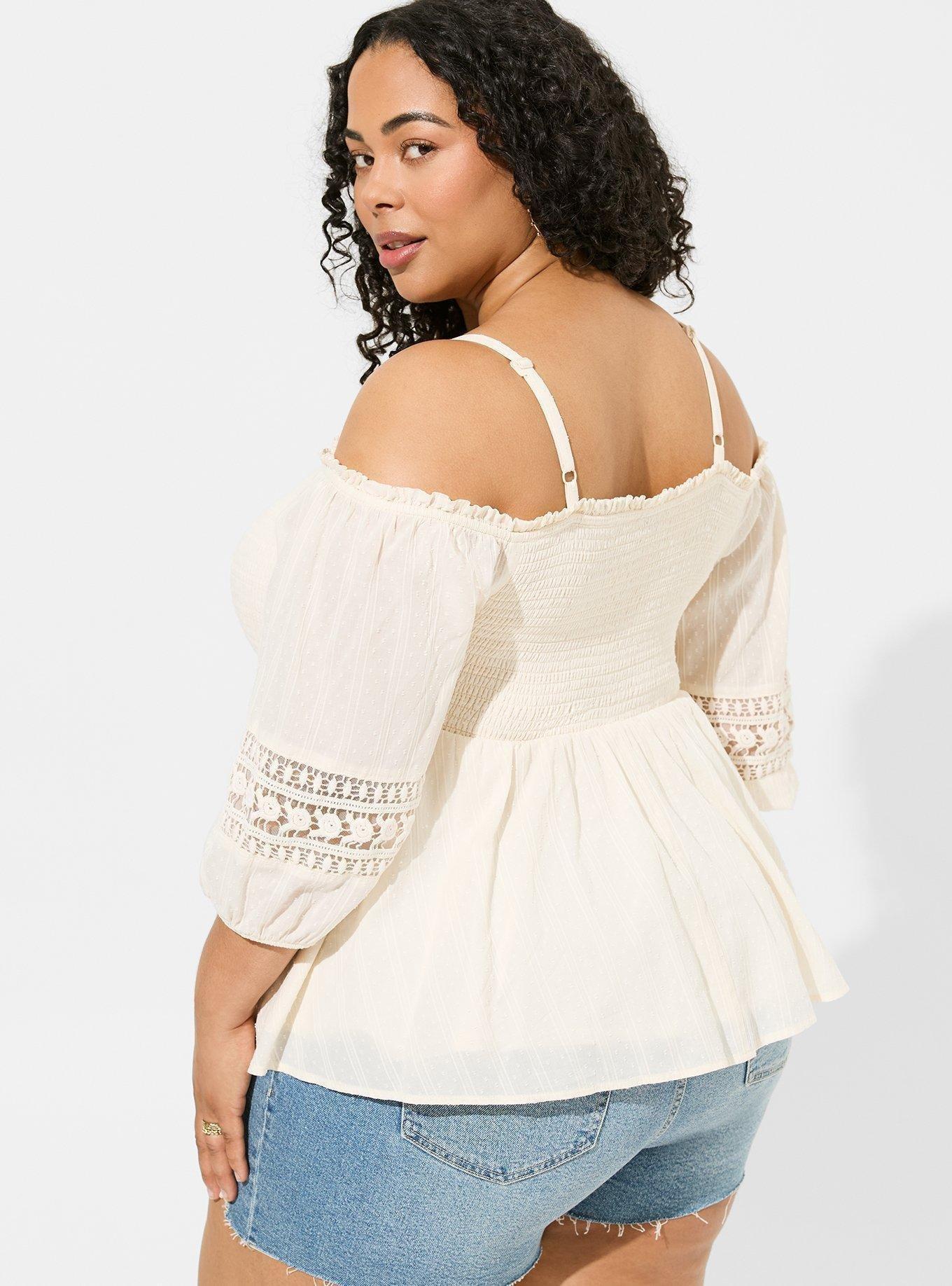 Clip Dot Smocked Front Tie 3/4 Sleeve Cold Shoulder Top