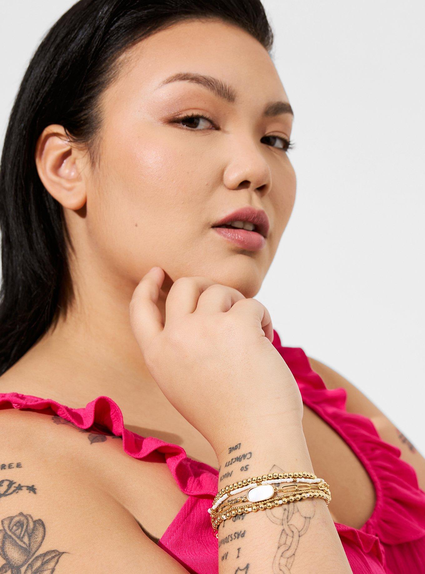 Plus Size Pearl Multi Link Bracelet Stack, GOLD, alternate