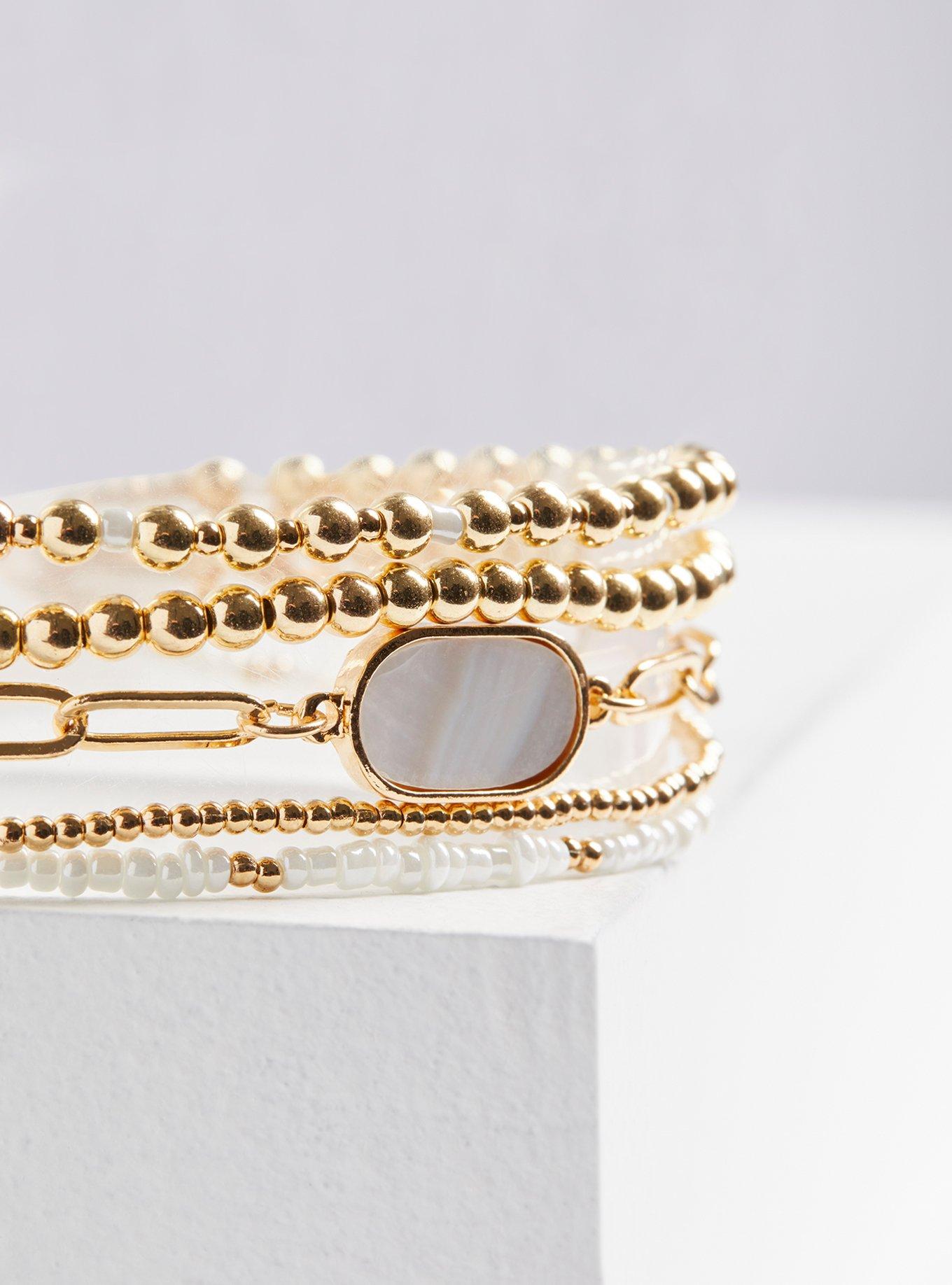 Plus Size Pearl Multi Link Bracelet Stack, GOLD, alternate