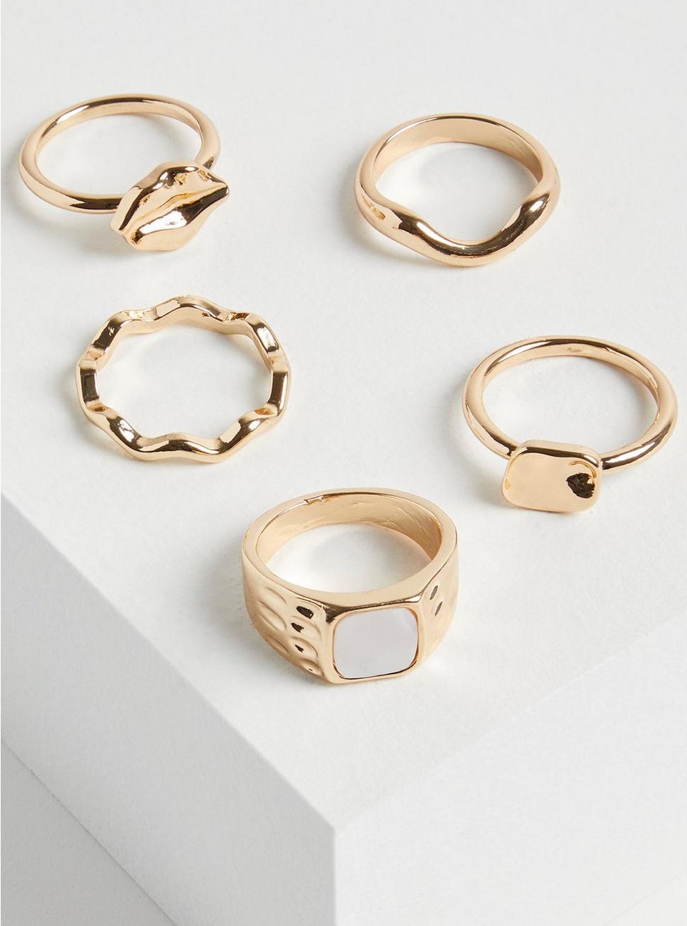Plus Size Hammered Metal Pearl Ring Set, GOLD, hi-res