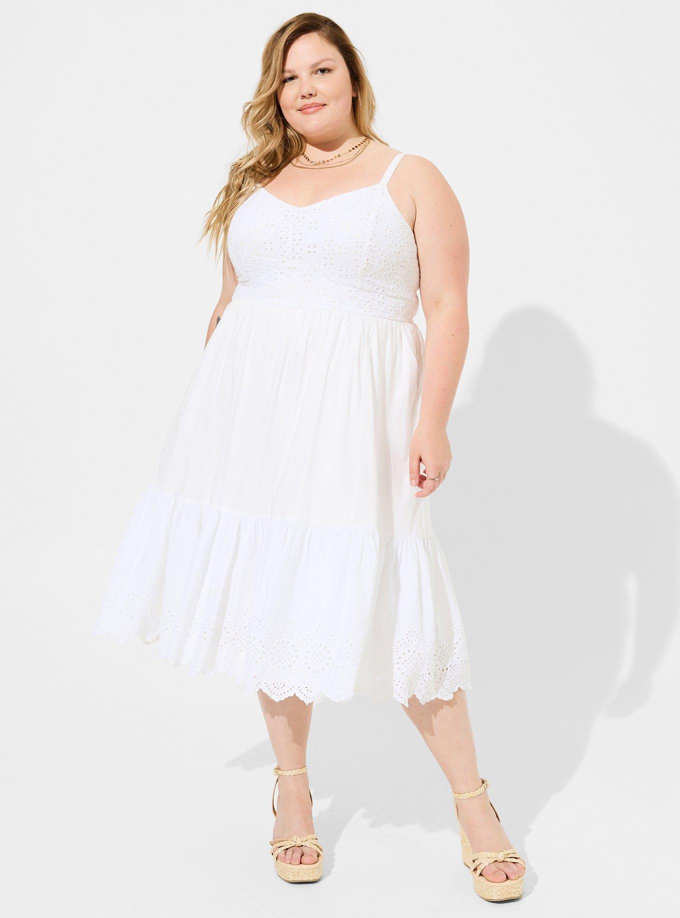 Plus Size Festi Eyelet & Gauze Button Front Midi Dress, WHITE, hi-res