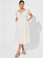 Midi Cotton Clip Dot Lace Up Smocked Dress, PRISTINE, hi-res