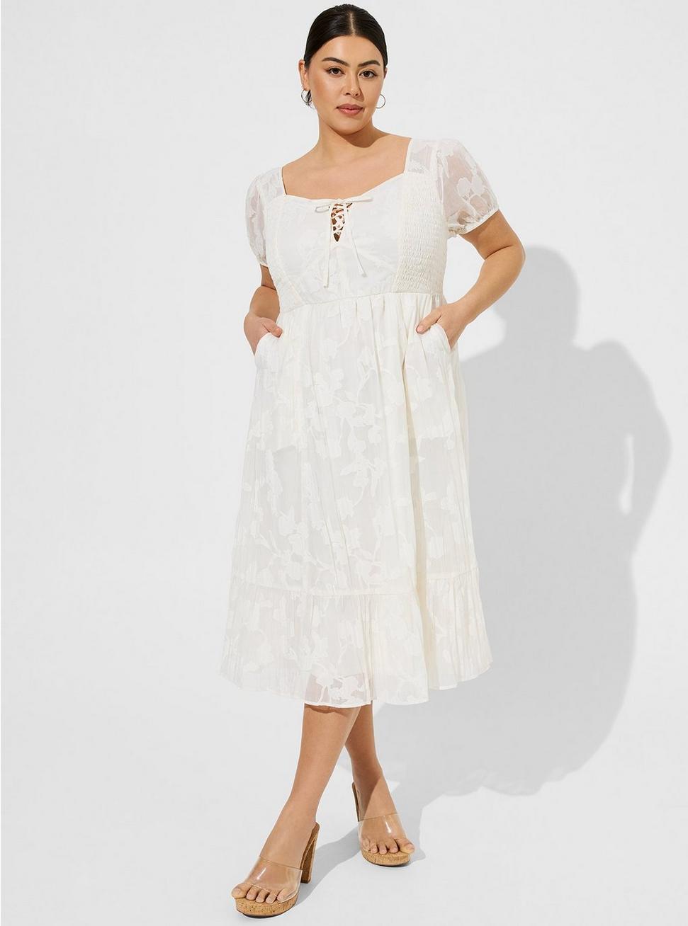 Midi Cotton Clip Dot Lace Up Smocked Dress, PRISTINE, hi-res